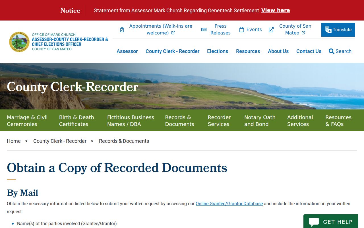 Belmont previous residents recorded document copy request