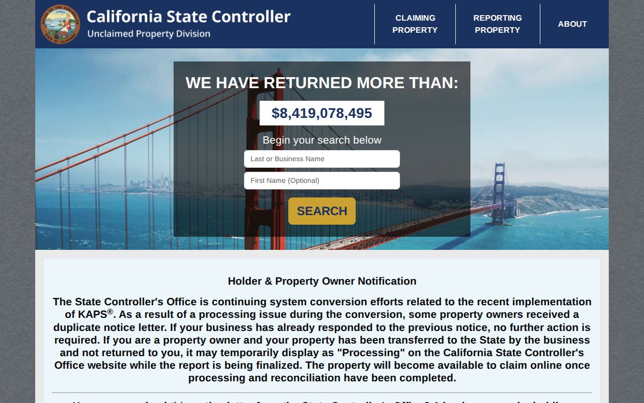 Belmont resident lookup on California unclaimed property search
